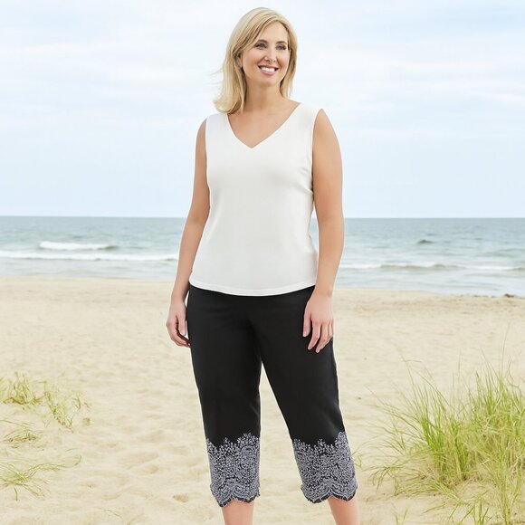 Chico's Pants - Chico’s Black Linen Pants with White Eyelet Trim | Size 14 | Elastic Waist